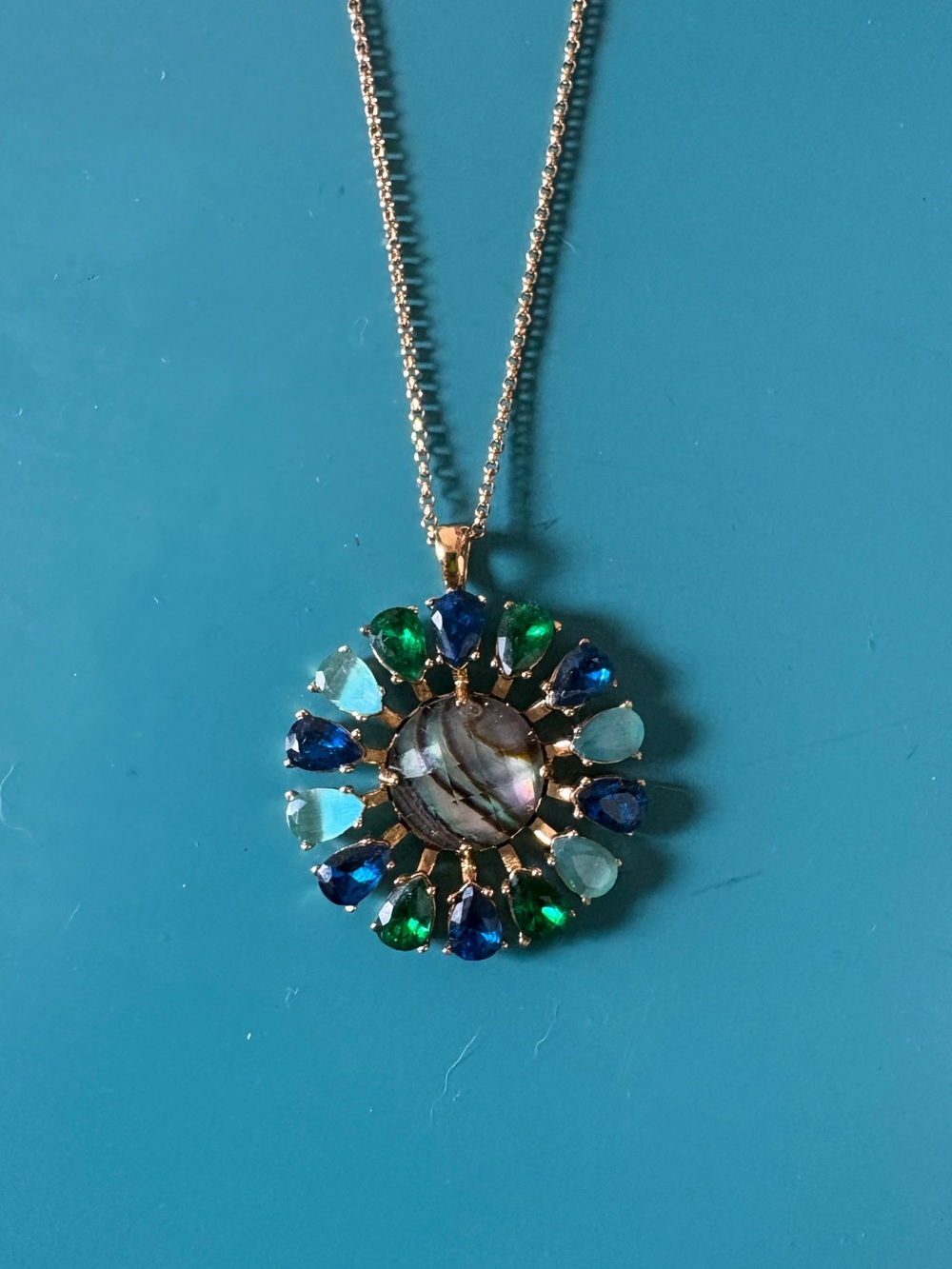 Gold Tone Chain Necklace with Blue & Green Pendant